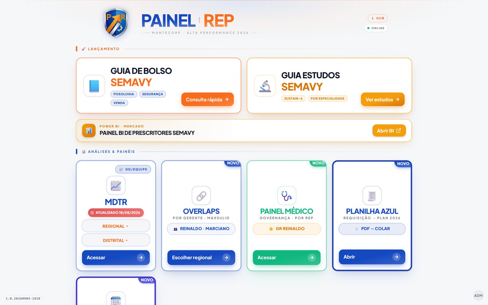 Painel Rep — tela inicial com os módulos do representante